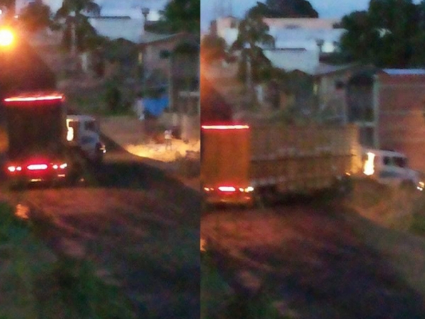 Fotos do caminhão que destruiu o asfalto recém consertado.