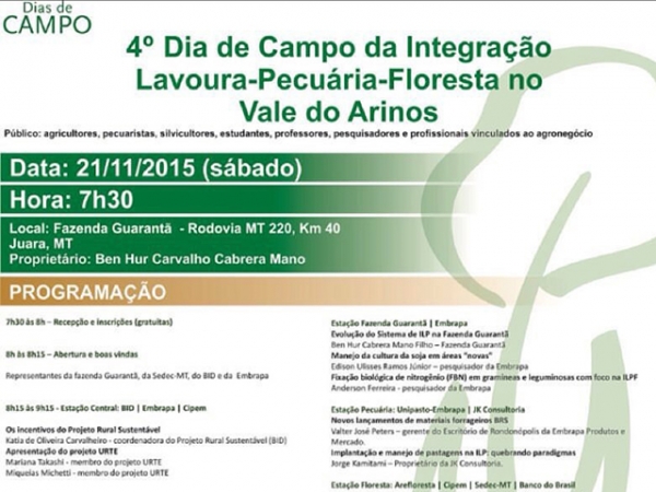 Juara recebe dia de campo sobre integrao lavoura-pecuria-floresta no prximo dia 21