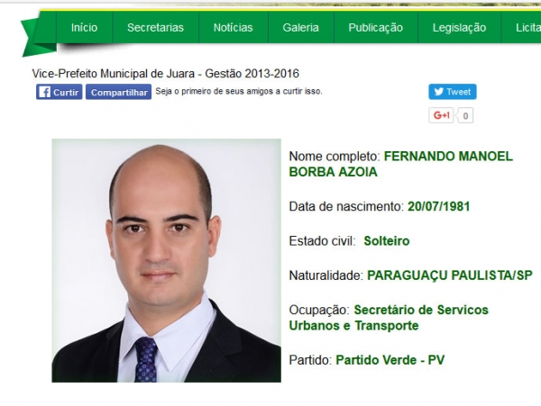 Vice-prefeito ainda cosnta como secretrio no site da prefeitura de Juara