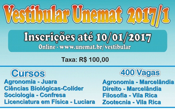 Encerram-se nessa tera-feira, dia 10, as inscries para o vestibular de agronomia da UNEMT Juara.