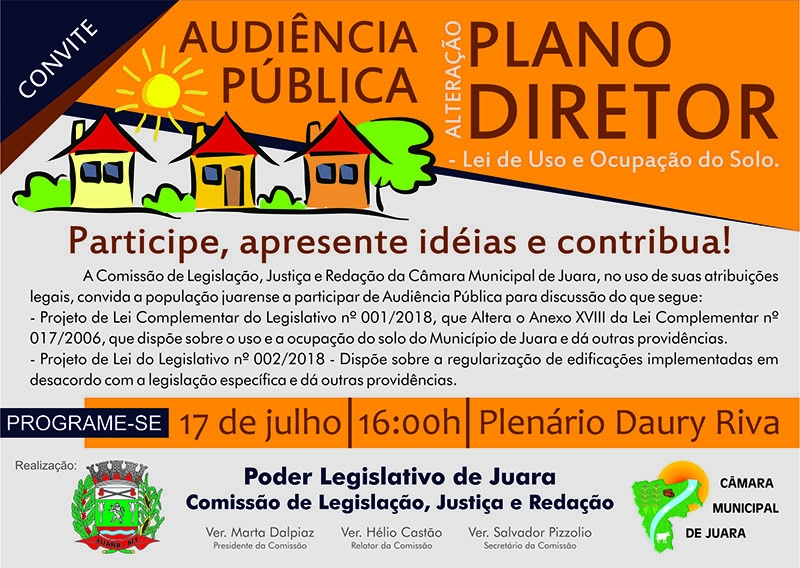 Cmara realiza Audincia Pblica dia 17 de julho para tratar do Plano Diretor do Municipio de Juara.