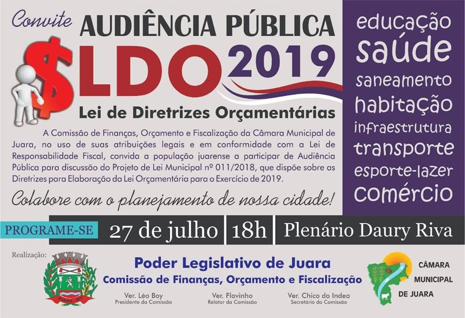 Cmara Municipal de Juara realiza na sexta-feira, dia 27, Audincia Pblica sobre a LDO/2019.