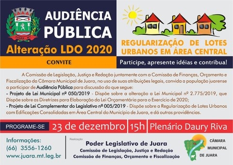 Audincia Pblica ser realizada pela Cmara na segunda-feira, 23 de dezembro de 2019, para discutir LDO