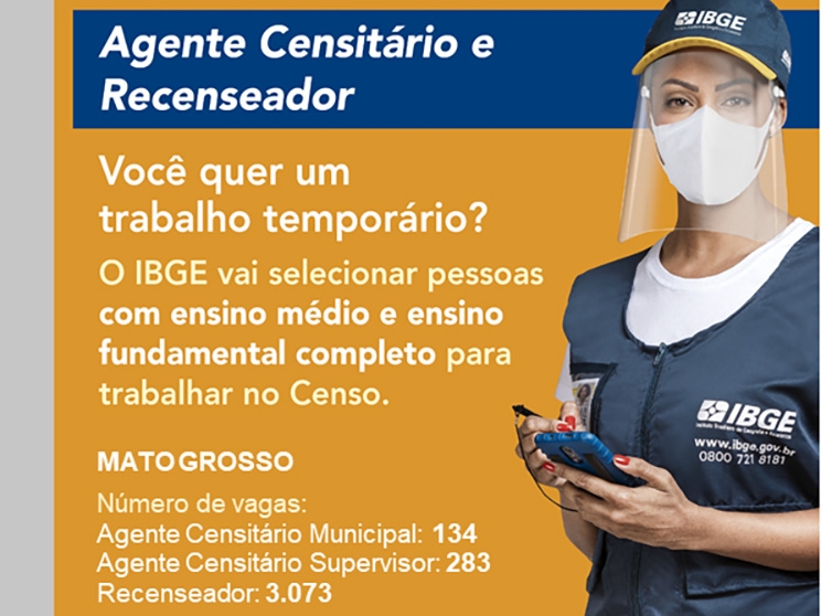 IBGE oferece 3.490 vagas em Mato Grosso para o Censo 2021. 62 so para Juara.